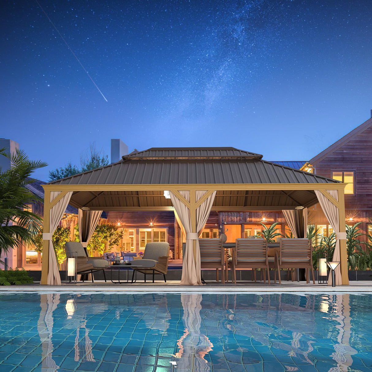 YOLENY 12' x 22' Gazebo, Hardtop Gazebo Wood-Looking Gazebo with Galvanized Steel Double Roof, Aluminum Frame, Outdoor Patio Hardtop Gazebo with Netting and Curtains for Deck, Backyard, Patio, Lawns YOLENY