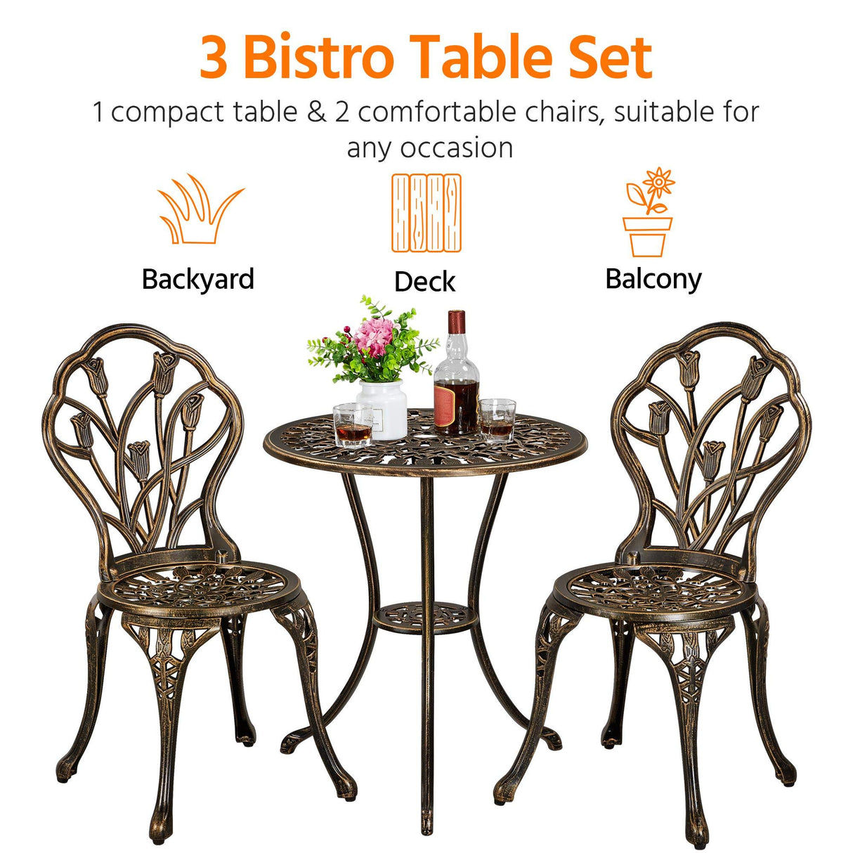 Yaheetech Patio Bistro Sets 3 Piece, Outdoor Rust-Resistant Cast Aluminum Garden Table and Chairs, Bronze Yaheetech