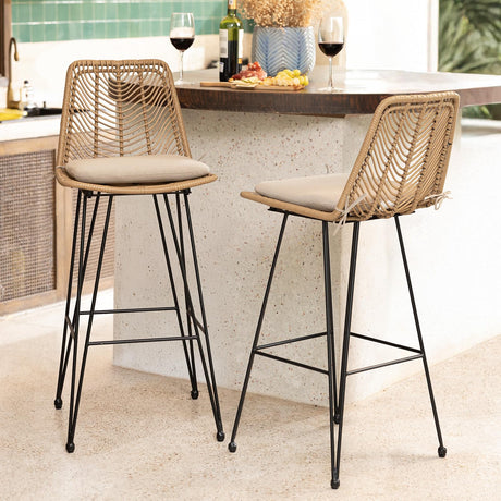 IDZO 400lbs Capacity Rattan Bar Stools Set of 2 Upgraded, 42-Inch Height Outdoor Bar Stools with Comfort Cushion, Solid Steel Frame & Durable Power Coating, Easy Assembly IDZO