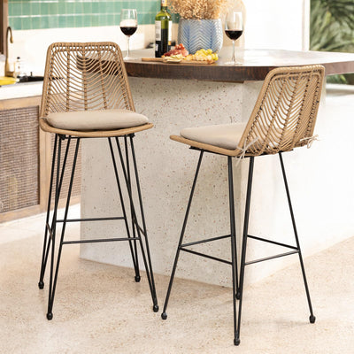 IDZO 400lbs Capacity Rattan Bar Stools Set of 2 Upgraded, 42-Inch Height Outdoor Bar Stools with Comfort Cushion, Solid Steel Frame & Durable Power Coating, Easy Assembly