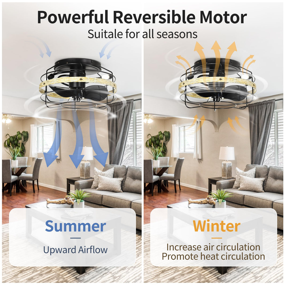 YITAHOME 15" Caged Ceiling Fans with Lights and Remote, Flush Mount Bladeless Low Profile, Small Farmhouse Rustic Enclosed Ceiling Fan for Bedroom, Kitchen, Indoor YITAHOME