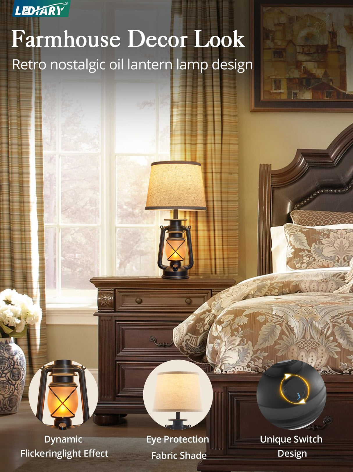 LEDIARY 18.72" Black LED Lantern Flickering Flame Table Lamps for Bedrooms Set of 2, Small Farmhouse Rustic End Table Lamps, Halloween Decorative Lantern Bedside Lamps for Living Room LEDIARY
