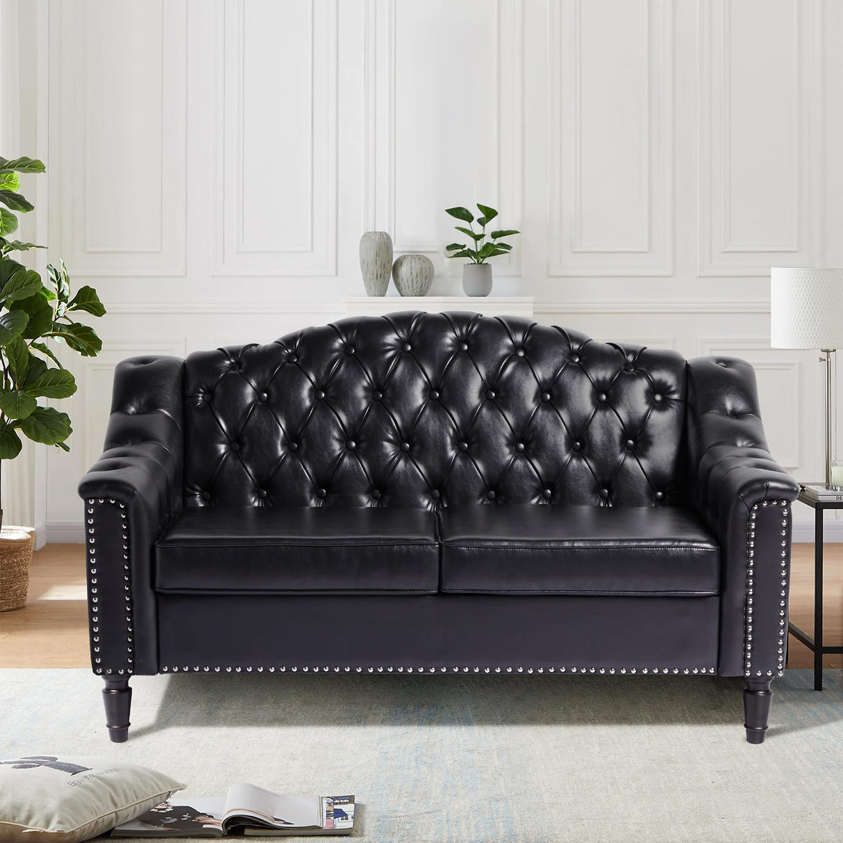 Chesterfield Loveseat, 55" Leather Love Seat Sofa, Comy Small Sofa Counch with Camelback for Small Spaces, Mid Century Modern 2 Deep Seats Couch for Apartment Living Room, Bedroom (PU-Loveseat, Black) SUJOUCRAFT