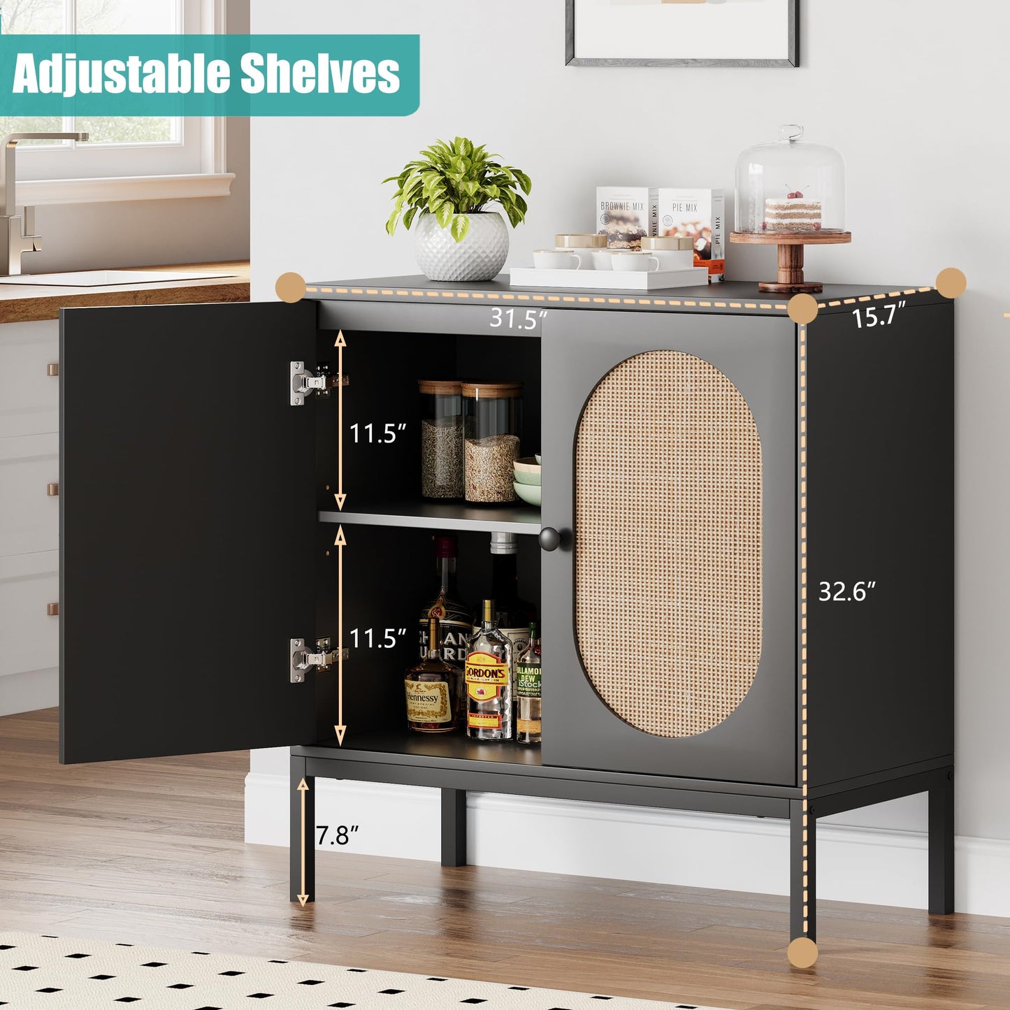 IDEALHOUSE Rattan Buffet Cabinet, Storage Cabinet with Doors and Shelves, Accent Cabinet Sideboard, Black Console Cabinet with Storage Entryway Cabinet for Living Room, Dining Room, Hallway (Black)