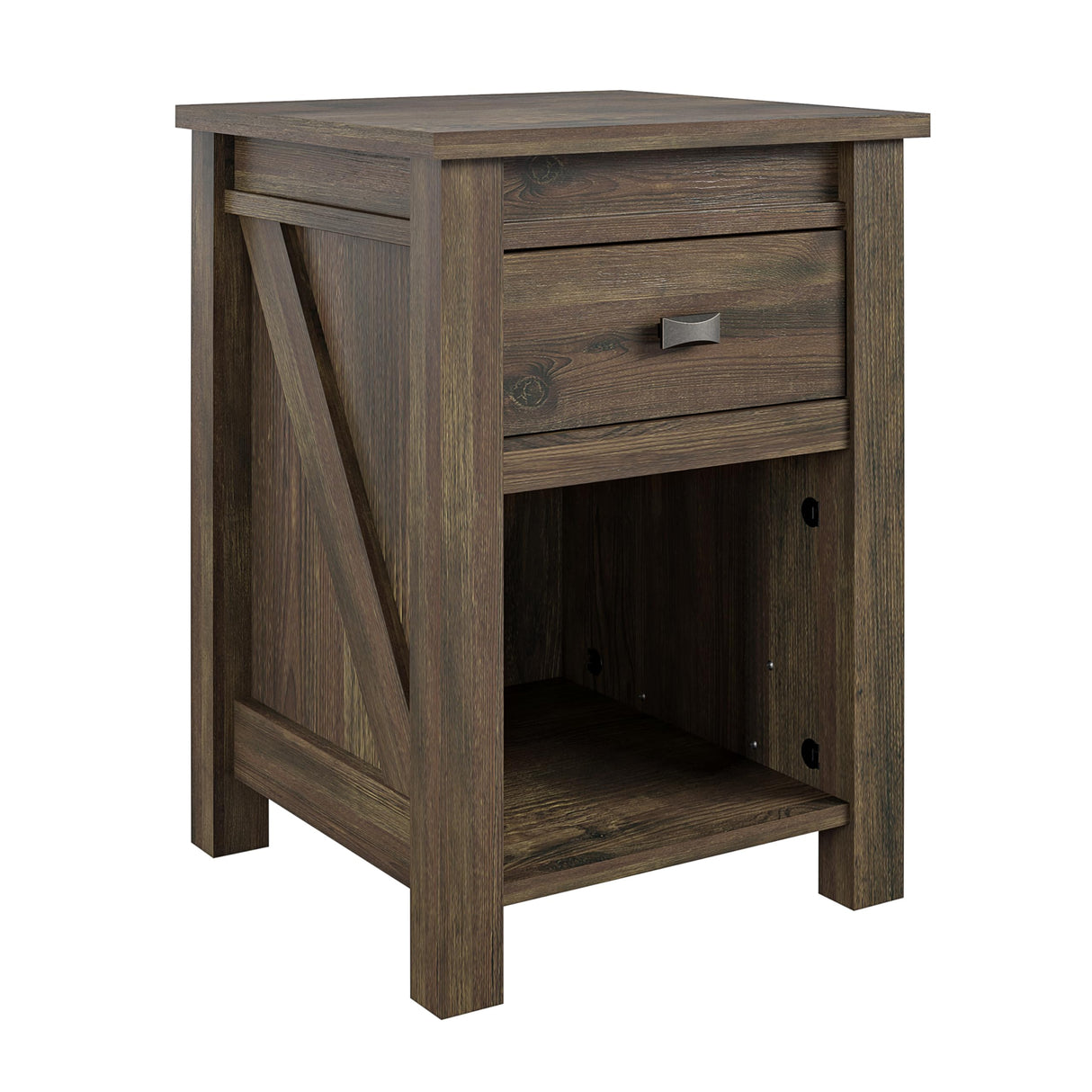 Ameriwood Home Farmington Country Style Nightstand with Barn Door Design, Concealed Drawer and Open Cubby, Textured Weathered Medium Brown Finish Ameriwood Home