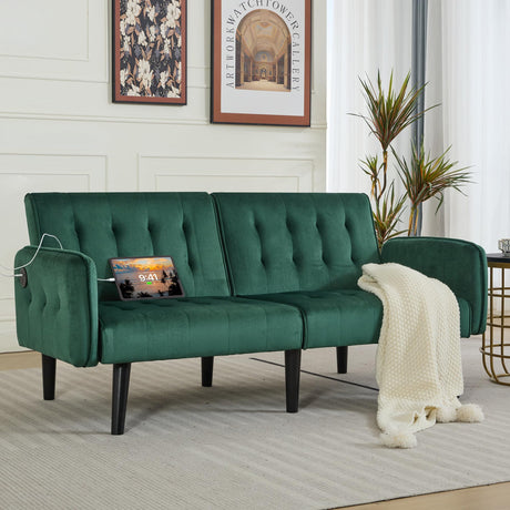 TYBOATLE 65" W Velvet Modern Convertible Folding Futon Couch Sofa Bed w/ 2 USB Charging Ports and arms, Loveseat for Living Room, Office, Apartment, Bedroom (Green) TYBOATLE