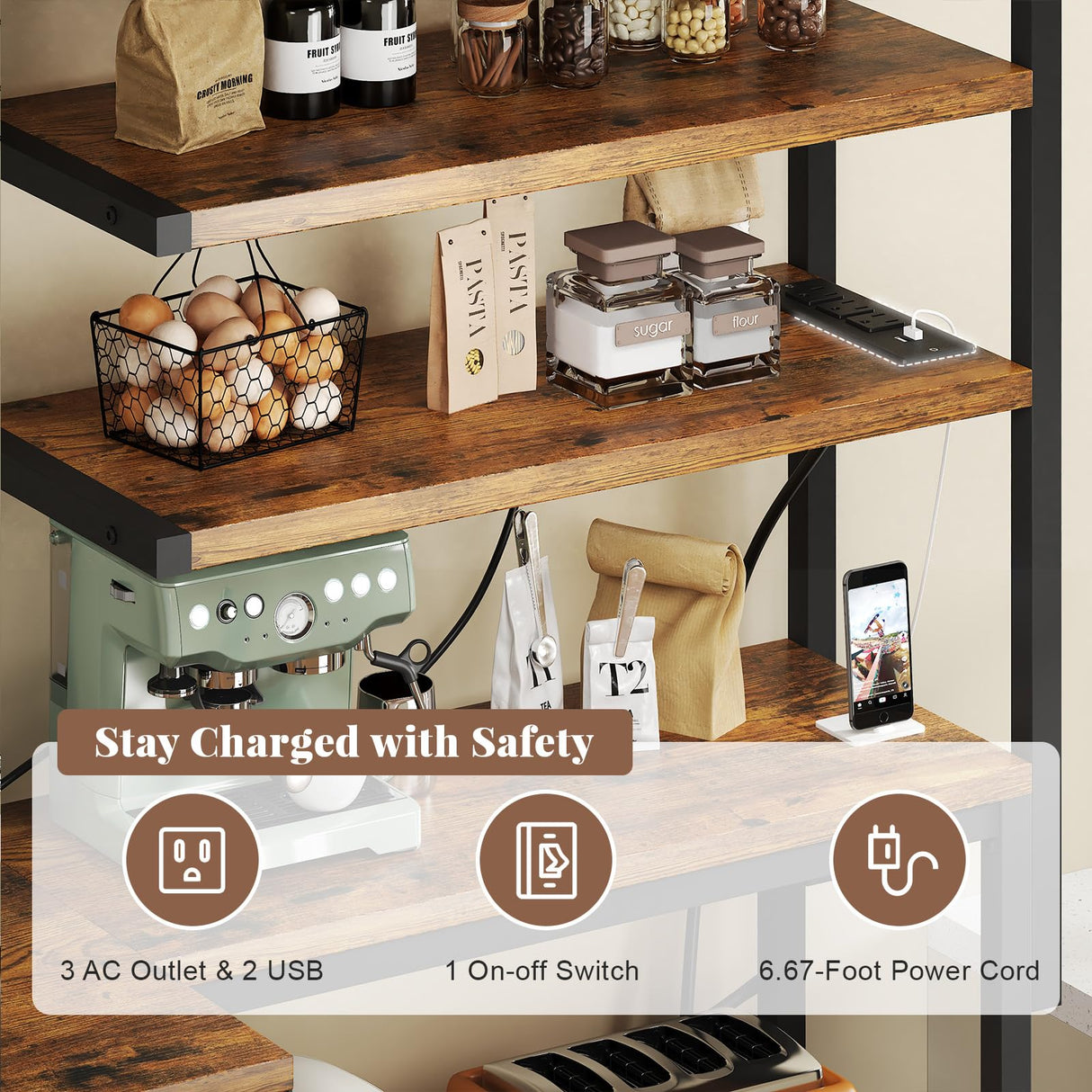 iabifo L-Shaped Bakers Rack with Power Outlet, 6-Tier Microwave Stand with Open Storage, Coffee Bar with Hooks, Mesh Grid, Kitchen Shelf with Wire Basket, Rustic Brown and Black iabifo