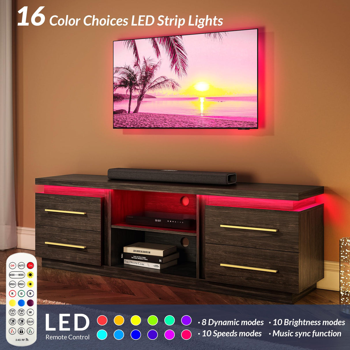 BELLEZE 66" TV Stand for TVs Up to 75", Entertainment Center with Music Sync LED Lights, Media Console Table Storage Cabinet with Open Shelves & Drawers for Living room, Bedroom - Hawthorn (Brown) BELLEZE