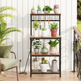 Furologee Bakers Rack with Power Outlet and LED Light, Small Microwave Stand with 4 Tier Shelves, Coffee Bar Station Table with 6 S Hooks, Kitchen Storage Rack for Spices, Pots, Rustic Brown Furologee