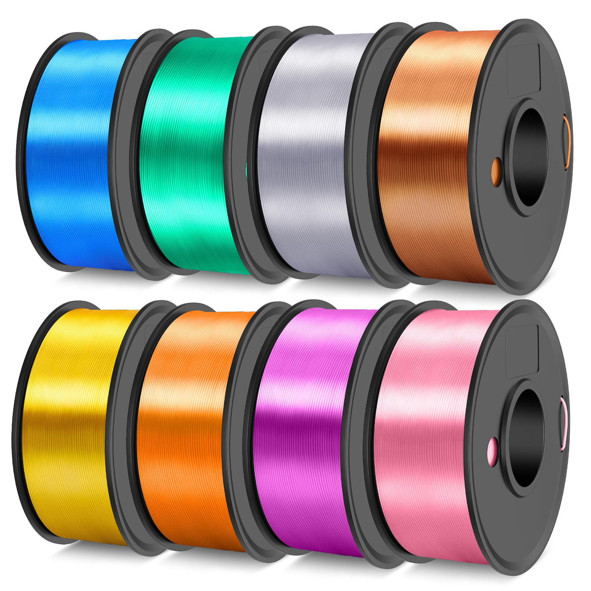 TECBEARS Silk Filament 1.75, Shiny Silk PLA Filament, 3D Printer Filament with Smooth Silky Surface, 250G Spool, 8 Rolls, Gold+Silver+Purple+Green+Blue+Pink+Orange+Red Copper TECBEARS