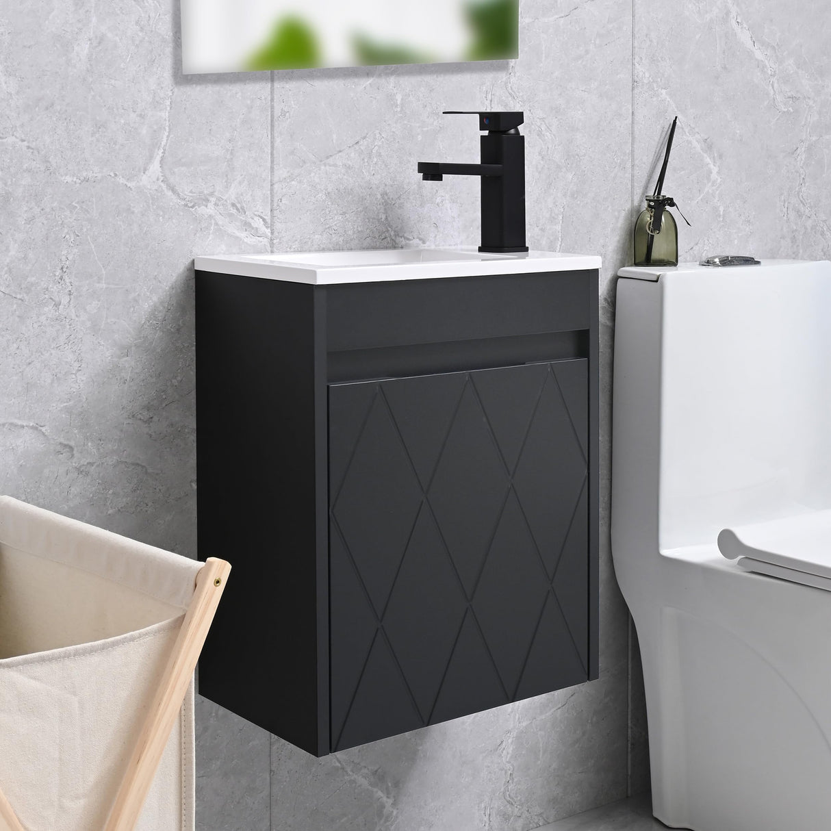 USBATHJOY 16" Bathroom Vanity Sink Combo for Small Space, Wall Mounted Bathroom Cabinet Set with White Resin Basin Sink Top Black Faucet Pop Up Drain Black USBATHJOY