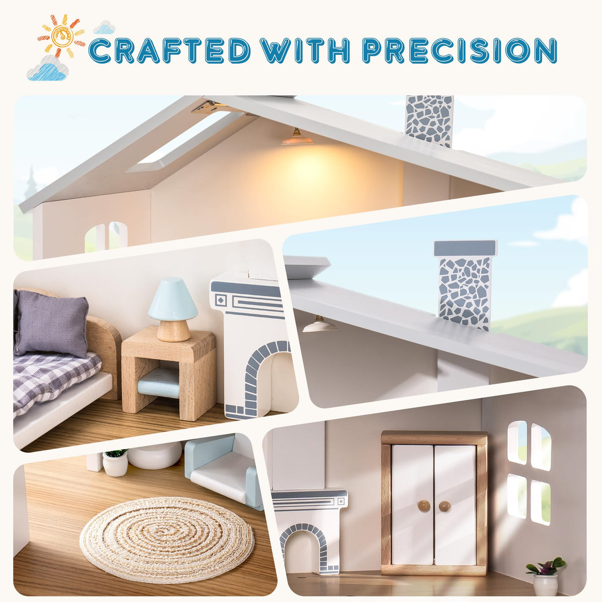 ROBOTIME Wooden Dollhouse, Wooden Doll House with 29 Pieces of Furniture, 6 Rooms Fits 4-6 Inch Dolls, Gift for Kids Ages 3+ ROBOTIME