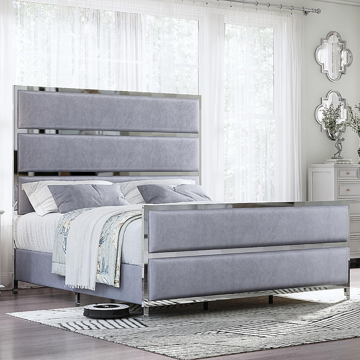 AMERLIFE 59" King Size Bed Frame, Velvet Upholstered Bed with Silver Trim Headboard & Footboard, Channel Tufted Platform Bed Frame, No Box Spring Needed/Light Grey AMERLIFE
