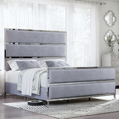 AMERLIFE 59" King Size Bed Frame, Velvet Upholstered Bed with Silver Trim Headboard & Footboard, Channel Tufted Platform Bed Frame, No Box Spring Needed/Light Grey