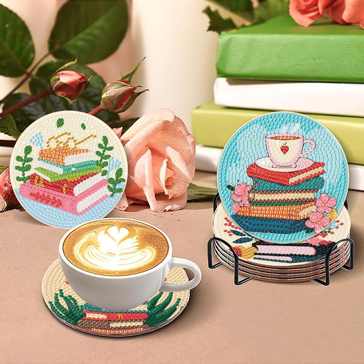 8 Pcs Book Diamond Art Coasters Kit for Adults, Book Lovers Wooden Coffee Diamond Painting Coasters with Holder, 5D Gem Art Dots Painting Coaster With Cork Pads - Crafts Supplies for Home Decor Fotasmua