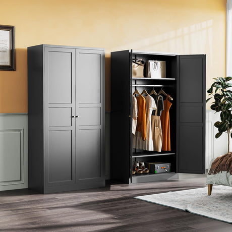 SISESOL Metal Wardrobe Cabinet with Hanging Rod,Black Armoire Wardrobe Closet,Metal Clothing Storage Cabinet with Adjustable Shelves and Doors,72" Cloth Storage Cabinets for Home,Living/Laundry Room SISESOL