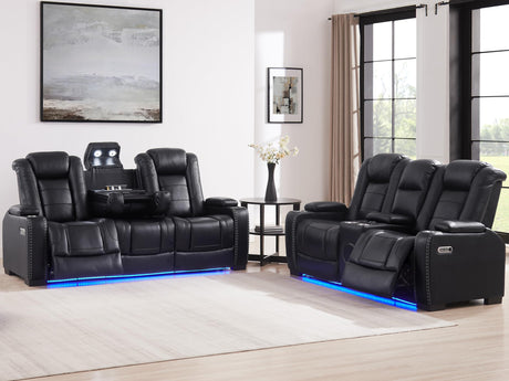 THSUPER Black Leather Power Recliner Sofa Loveseat Sets with Arm Storage and Power Headrest, Leather Living Room Reclining Sofa and Loveseat Set with Cup Holders and Bluetooth Speaker. THSUPER