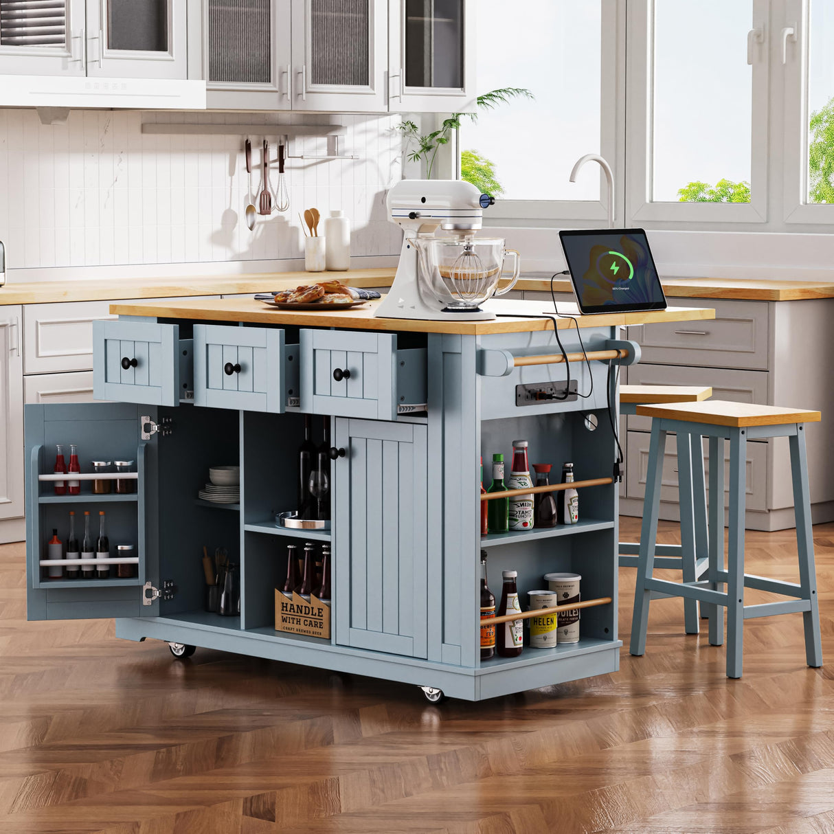 Merax 53" Kitchen Cart Island on Wheels with Power Outlet,Drop Leaf,3 Drawers and 5 Open Side Racks,Wood Rolling Storage Cabinet Merax