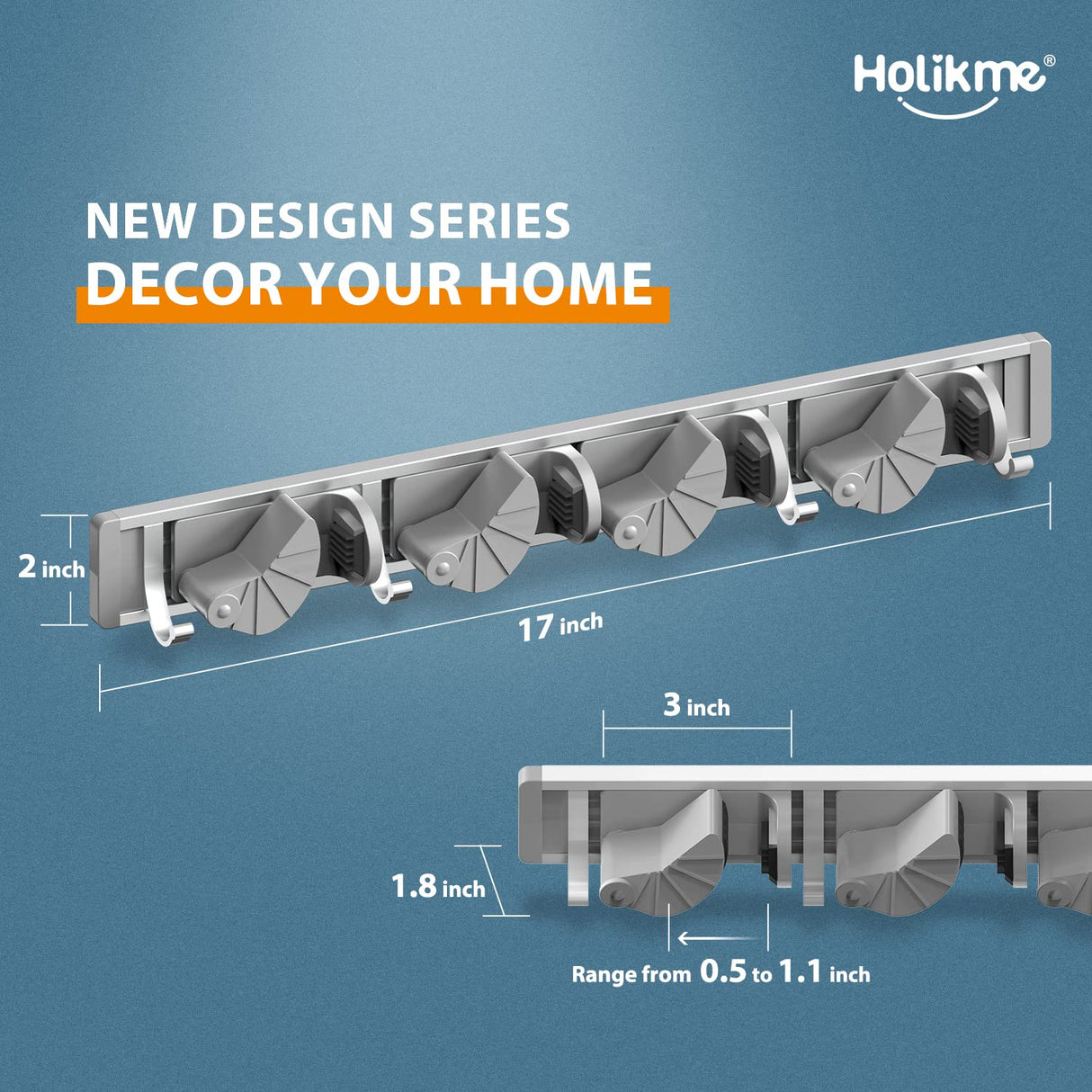 Holikme Mop Broom Holder Wall Mount Metal Pantry Organization and Storage Garden Kitchen Tool Organizer Wall Hanger for Home Goods (4 Positions with 4 Hooks, Silver) Holikme