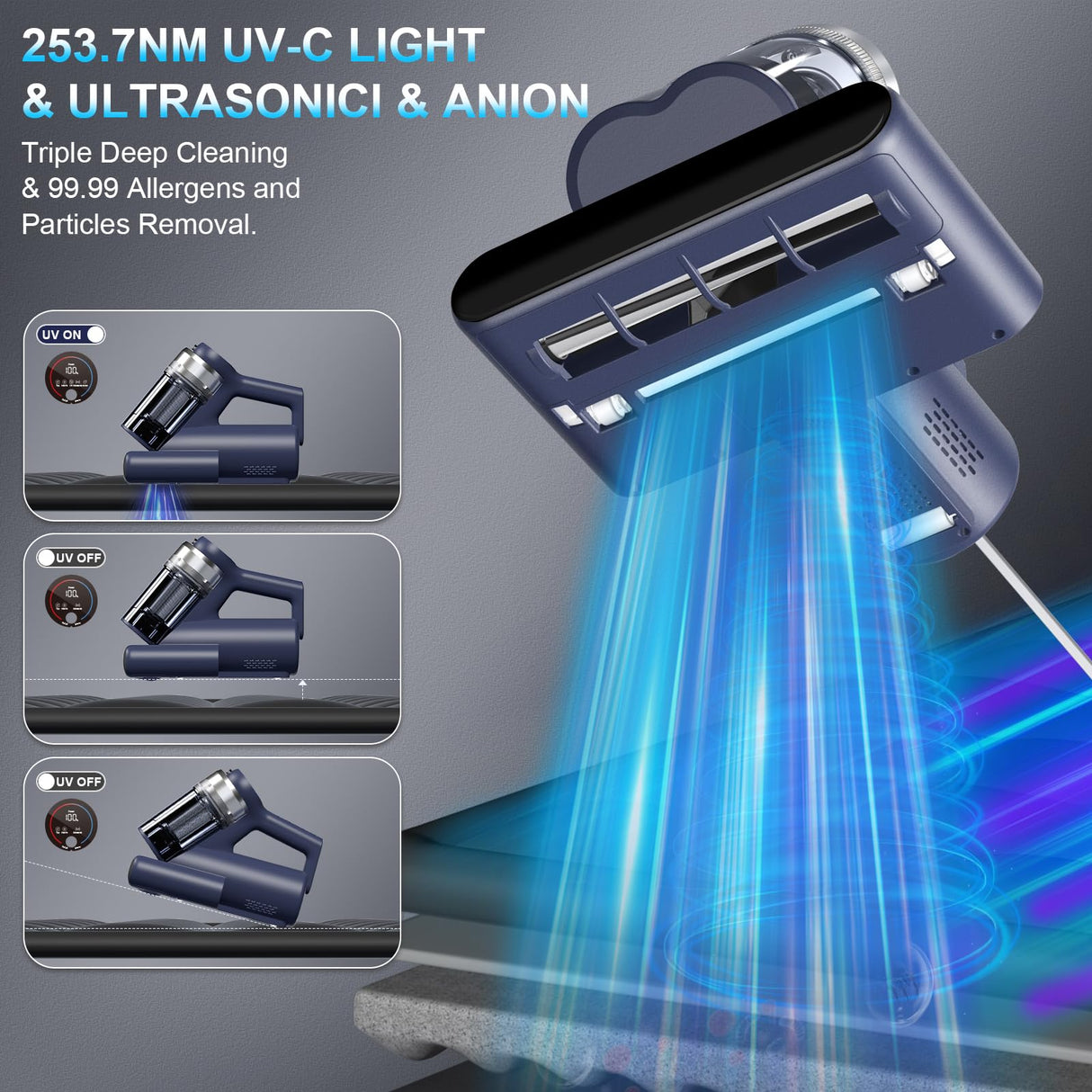 Mattress Vacuum Bed Vacuum Cleaner with 253.7nm UV-C Light, 600W & 16Kpa Strong Suction,33000 RPM/Min Tapping, HEPA Filter,149℉ Heat & Ultrasonic & Anion Handheld Vacuum for Bed and Pet Teant