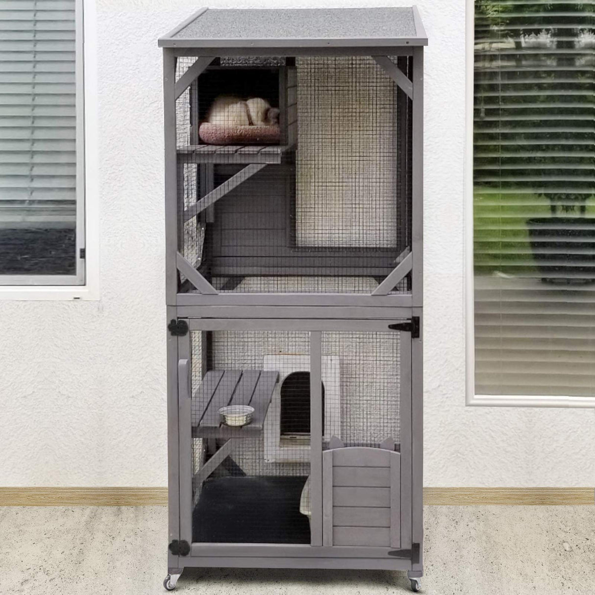 GUTINNEEN Cat House Outdoor Cage Cat Enclosure on Wheels,Large Wooden Kitty Catio with Resting Box,PVC Layer GUTINNEEN