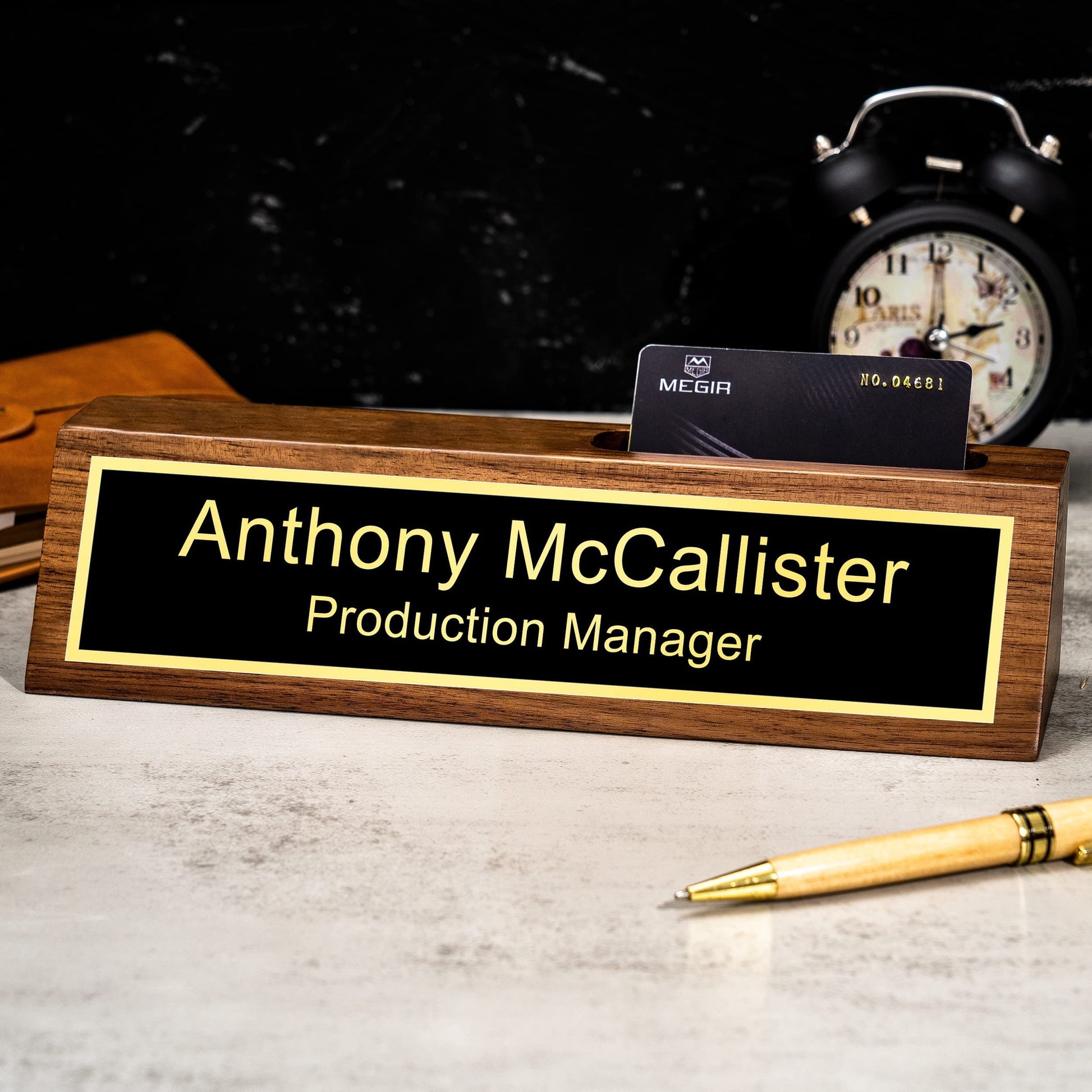 Custom Name Plate for Desk with Card Holder, Business Wood Desktop Name Holder Personalized, Office Desk Gold Decor Accessories, Gifts for Colleague - WoodArtSupply