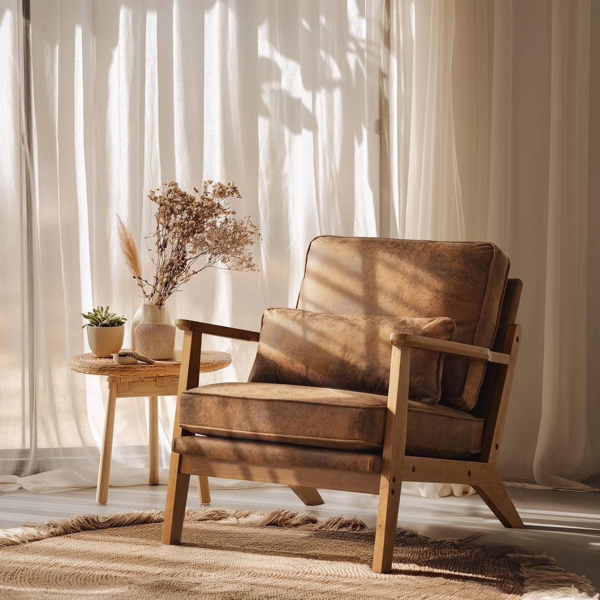 VINGLI Solid Wood Wide Armrests Accent Chair,Upholstered Mid Century Modern Chair with Pillow,Comfy Reading Chair Farmhouse Arm Chair,Chairs Living Room,Bedroom,Guest Room,Suede,Rustic VINGLI