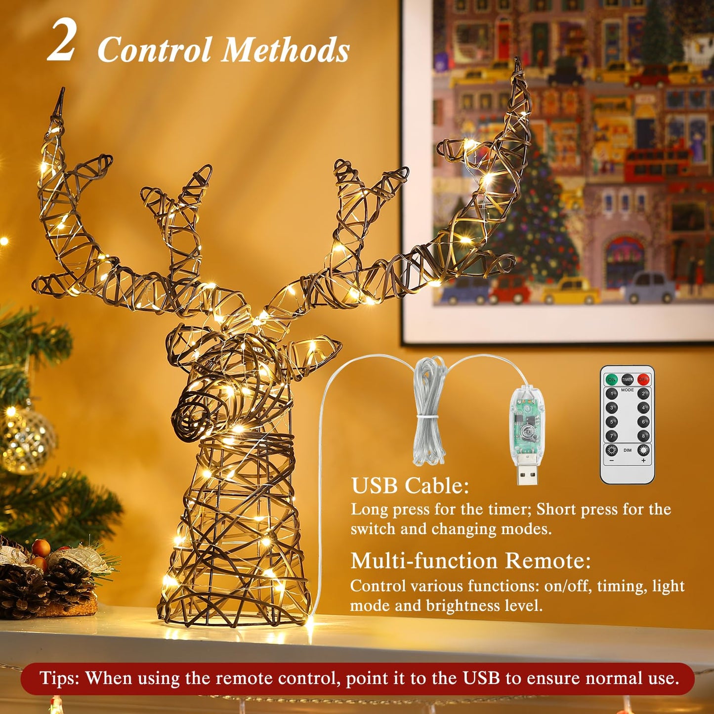 Lewondr Christmas Tree Topper, Metal Frame Deer Tree Topper with 50 Warm Light Beads, Remote & USB Operated Tree Topper with Lights 6H Timer, Xmas Tree Decor for Holiday Home Decoration, Brown