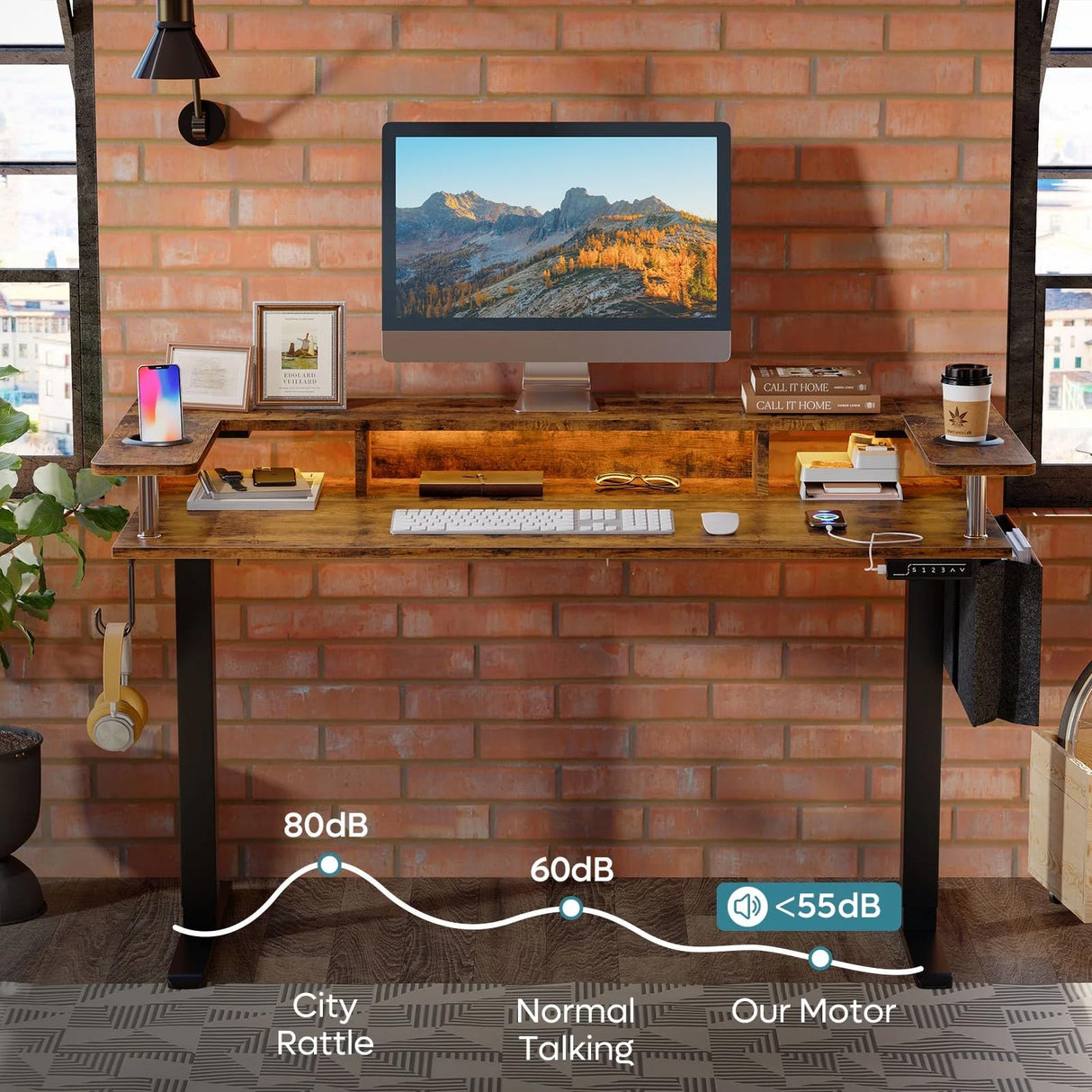 Bestier LED Electric Standing Desk Adjustable Height, 58x26 Inch Large Sit Stand Desk with Monitor Stand, Ergonomic Rising Desk for Home Office Workstation, Headphone Hook Storage Bag Brown Bestier