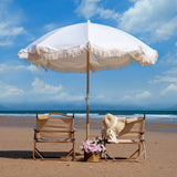 Funsite 6.5ft Boho Beach Umbrella with Fringe, UPF 50+ Tassel Umbrellas with Carry Bag, Premium Wood Pole Foldable Patio Umbrella for Outdoor Holiday Garden Lawn Pool Yard Table, White Funsite