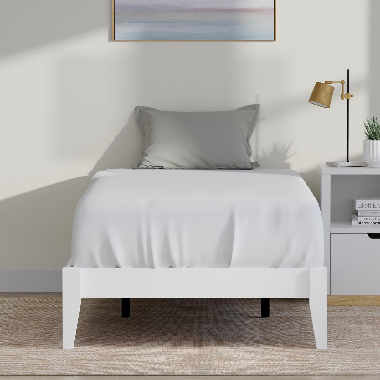 ComfIQ Solid Wood Platform Bed with Outset Legs (No Headboard) – Durable Frame, Easy Assembly, Ample Underbed Storage – Twin Size, White ComfIQ