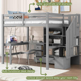 MERITLINE Full Size Loft Bed with L-Shaped Desk,Drawers,Staircase and Bookcase,Solid Wood High Loft Bed with Stairs and Guardrails,for Adults, No Box Spring Needed (Grey,Full) MERITLINE