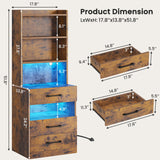 VIAGDO Tall Nightstand Set of 2 with Charging Station and LED Lights, Rustic Brown Night Stand Set 2 with Bookshelf, Modern LED Bedside Tables with 3 Drawers and Storage Shelves, Side Tables Bedroom VIAGDO