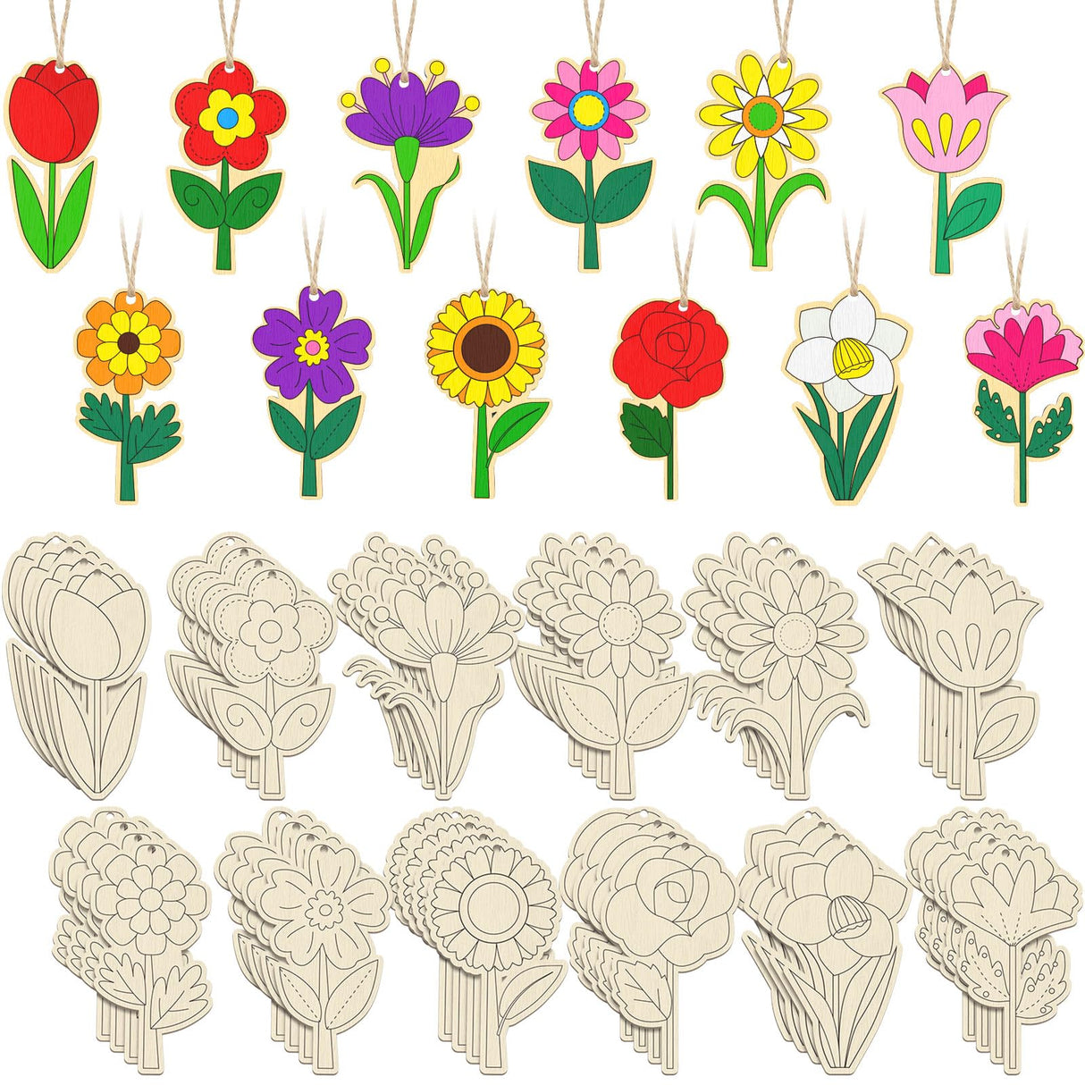 Relaxgiant 48 Pcs Wooden Spring Flowers for Kids DIY Blank Unfinished Wood Flowers Ornaments Crafts Wooden Flower Ornaments Spring Wooden Arts and Crafts for Kids Art Painting Projects Hanging Decor Relaxgiant