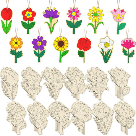 Relaxgiant 48 Pcs Wooden Spring Flowers for Kids DIY Blank Unfinished Wood Flowers Ornaments Crafts Wooden Flower Ornaments Spring Wooden Arts and Crafts for Kids Art Painting Projects Hanging Decor Relaxgiant