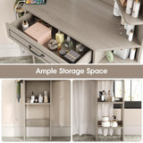 Makeup Vanity Desk, Corner Vanity with Large LED Mirror,Lots Open Shelves,Gray Vanity with Charging Station,Farmhouse Makeup Vanity Table with 3 Lighting Modes, Brightness Adjustable Maupvit