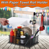 VIKEYHOME Grill Caddy, Picnic BBQ Organizer for Camping Outdoor Mesh Basket with 3 Hanging Hooks and Paper Towel Holder, Ideal Table Storage Tools for RV Camper/Tailgating/Flatware VIKEYHOME