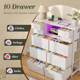 White Dresser for Bedroom with 10 Fabric Drawers,Organizer Unit with LED Light & Charging Station,Sturdy Chest of Drawers with 2 Open Shelves for Hallway,Living Room 11.8"D x 35.4"W x 39.4"H DurayLoly