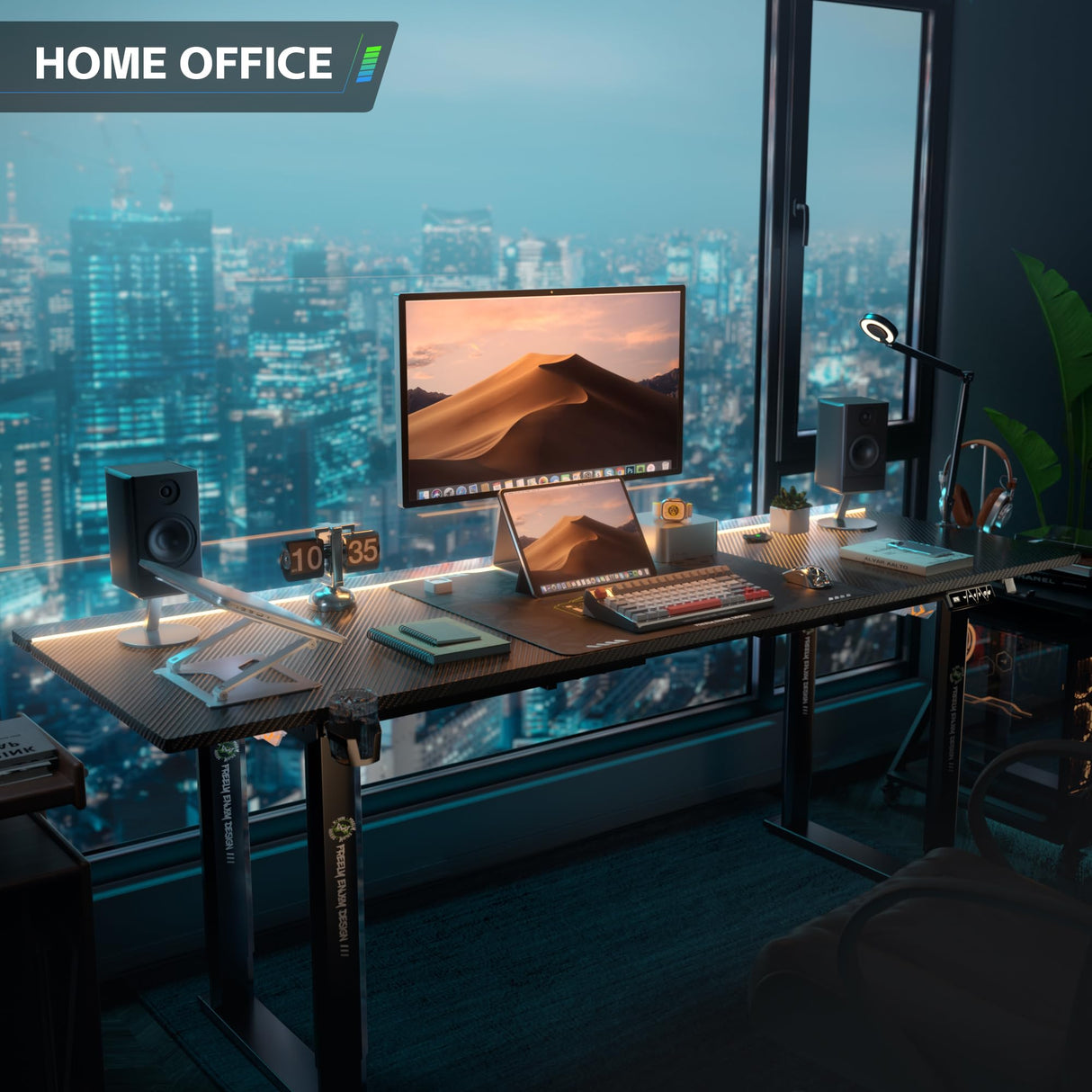 Klobel 71" x 30" Gaming Standing Desk, 4-Leg Electric Height Adjustable, Sit to Stand Desk with LED Light and Locking Wheels, Flip-Top Design, Ergonomic Computer Desk, Carbon Fiber Texture Klobel