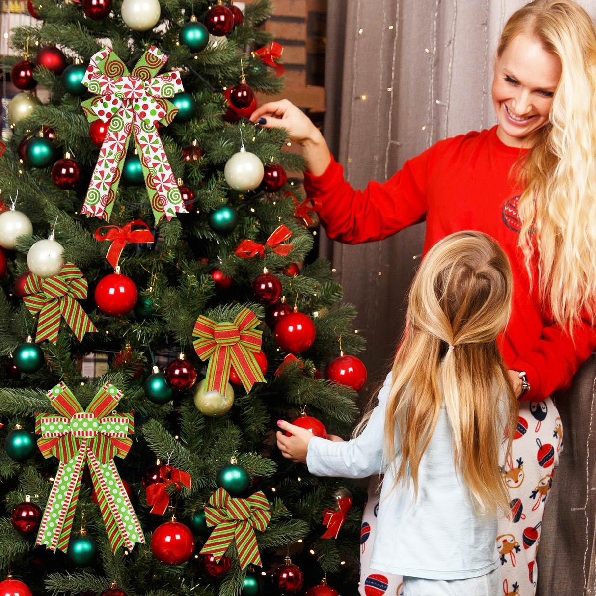 Whaline Christmas Ribbons 36 Yards Dot Stripe Candy Wired Edge Ribbon Red Green Fabric Craft Ribbon for Xmas Wreath Bow Making DIY Crafts Wrapping Supplies, 6 Rolls Whaline