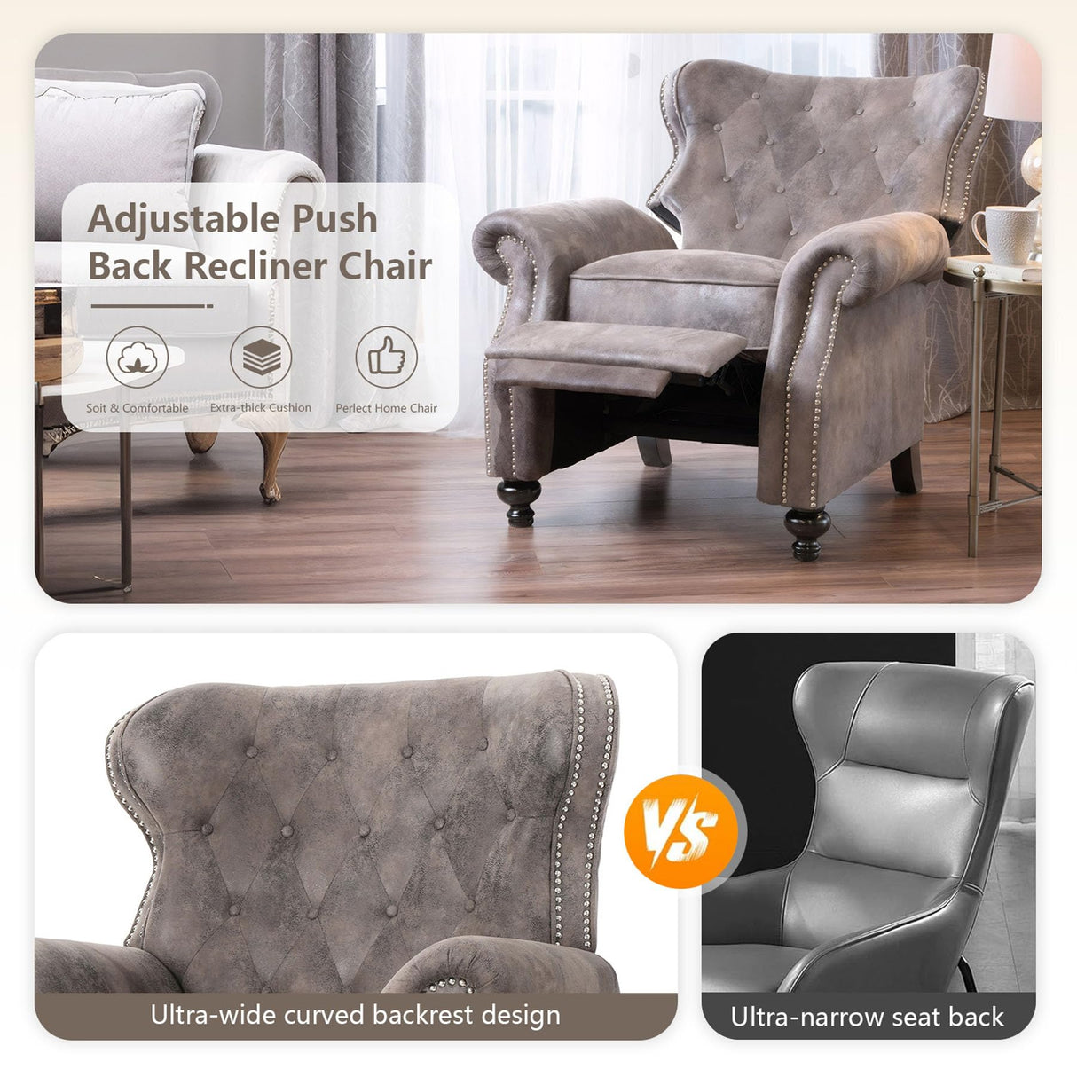 Pushback Recliner Chair, Fabric Armchair Push Back Recliner with Rivet Decoration, Mid Century Wingback Accent Chair for Living Room, Bedroom, Stable Hump Feet (Brown Gray) anwickjeff