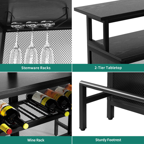YITAHOME Modern L-Shaped Mini Home Bar Unit with Music-Responsive LED Light and Storage Solutions in Black YITAHOME
