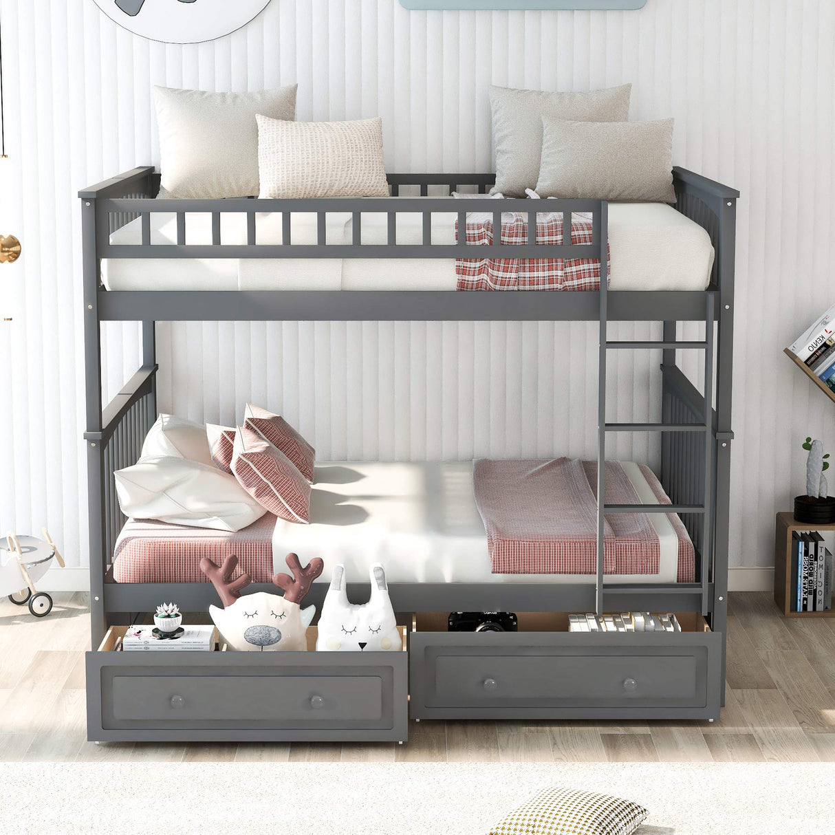 FAROUCHE Full Over Full Bunk Bed with 2 Storage Drawers, Sturdy Solid Wood Bunk Bed Frame with Ladder and Guardrails, Can be Convertible into 2 Platform Bed, Easy Assembly, Grey FAROUCHE