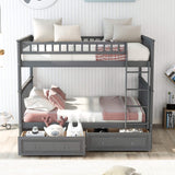 FAROUCHE Full Over Full Bunk Bed with 2 Storage Drawers, Sturdy Solid Wood Bunk Bed Frame with Ladder and Guardrails, Can be Convertible into 2 Platform Bed, Easy Assembly, Grey FAROUCHE