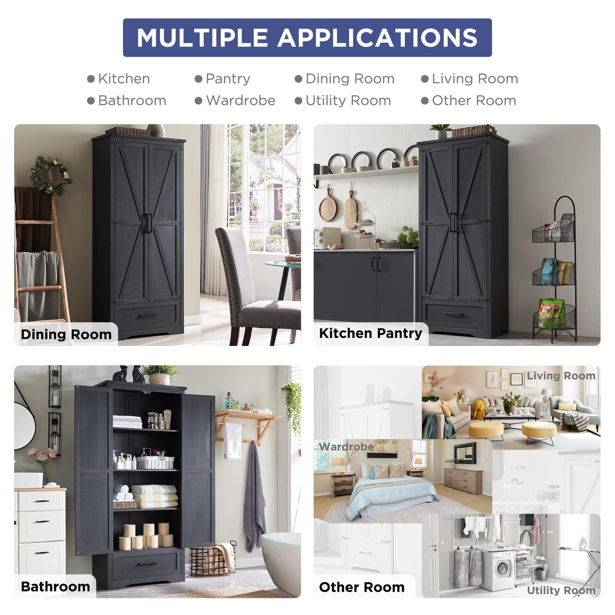 JXQTLINGMU 72" Tall Farmhouse Kitchen Pantry with Adjustable Shelves, Wood Storage Cabinet with Drawer & 2 Barn Doors, Versatile Storage for Dining Room, Bathroom, Living Room, Antique Black JXQTLINGMU