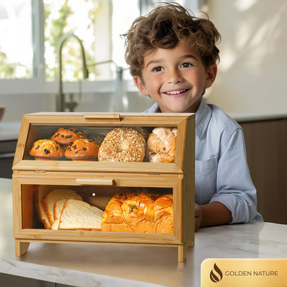 Golden Nature Double Layer Bamboo Bread Box for Kitchen Countertop, Large Wooden Storage Box W/Clear Display Windows, Food Keeper for Muffins, Bagels & Cookies - WoodArtSupply