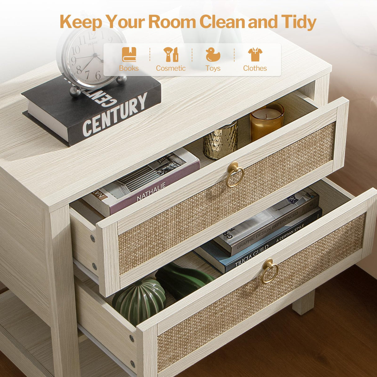 SICOTAS White Night Stand Set of 2, Large Nightstand with Drawers and Storage Shelf - Rattan Boho Bedside Table Narrow Side Table for Bedroom, Small Space SICOTAS