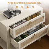 SICOTAS White Night Stand Set of 2, Large Nightstand with Drawers and Storage Shelf - Rattan Boho Bedside Table Narrow Side Table for Bedroom, Small Space SICOTAS