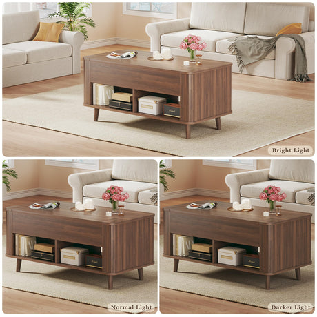 Lift Top Coffee Table with Storage, 41" Mid Century Modern Coffee Table with Fluted & Curved Profile Design, Hidden Storage Compartment, Lower Shelf Center Table for Living Room Office, Walnut HUAHUU