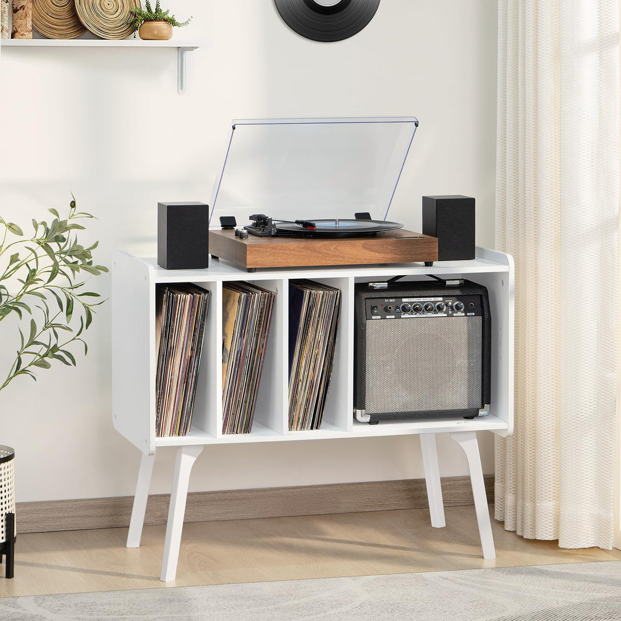 Lerliuo Record Player Stand with 4 Cabinet Holds Up to 220 Albums, Large Turntable Stand with Beech Wood Legs, Mid-Century Record Player Table,White Vinyl Holder Storage Shelf for Bedroom Living Room Lerliuo